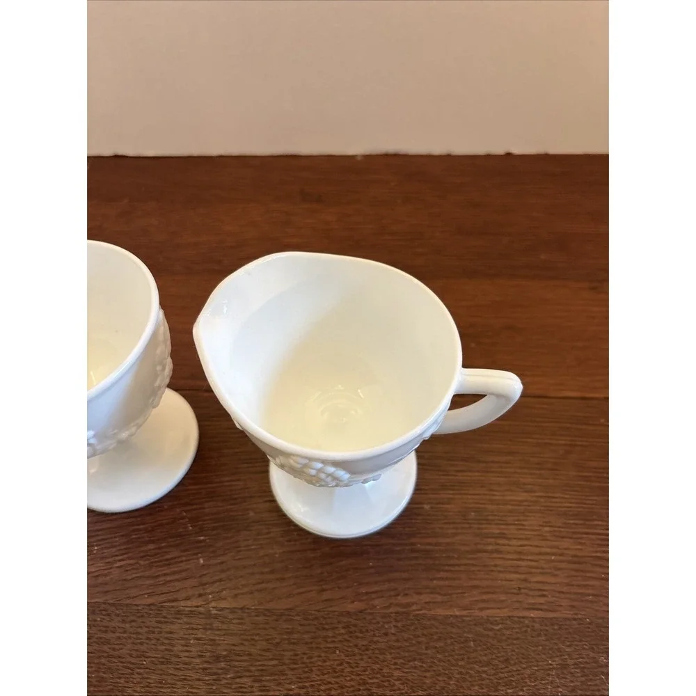 Vintage White Milk‎ Glass Grape Harvest Footed Creamer and Open Sugar Bowl Set